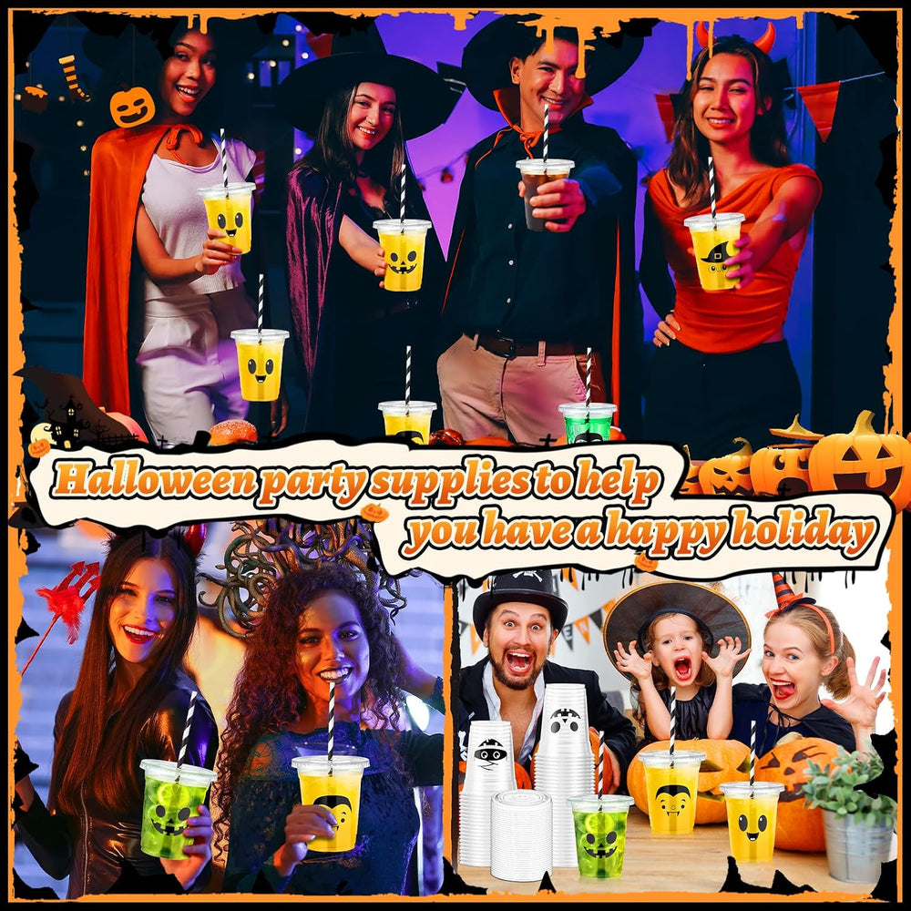 12oz Halloween Disposable Plastic Cups with Lids and Straws