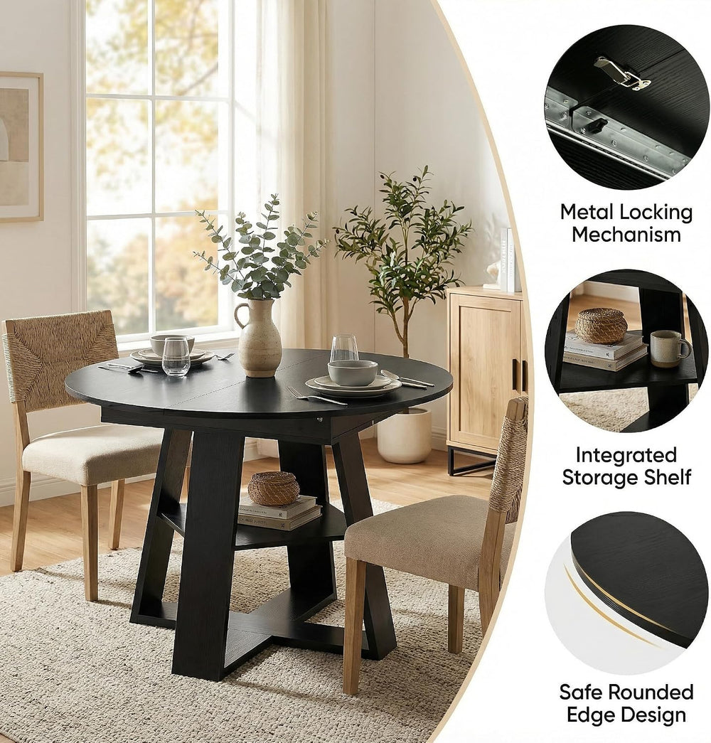 Round Extendable Dining Table Set for 6, 43"-59" Black Expandable K...
