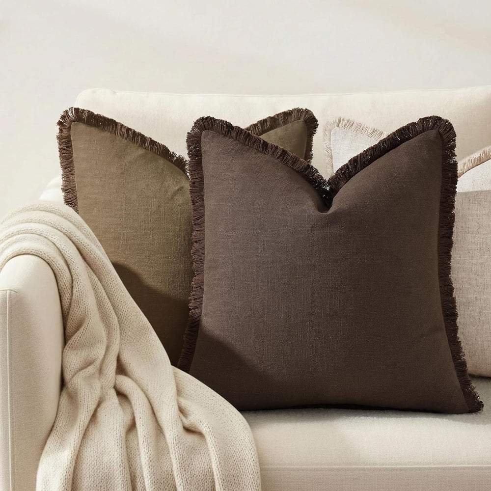 decorUhome Linen Fringe Chocolate Throw Pillow Covers 26x26 Set of 2