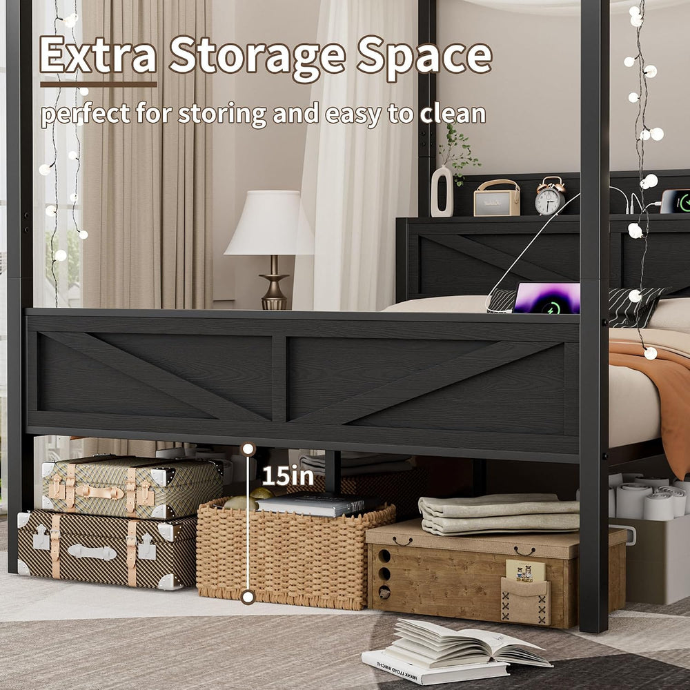 Canopy Bed Frame Full Size with Storage Headboard, Black