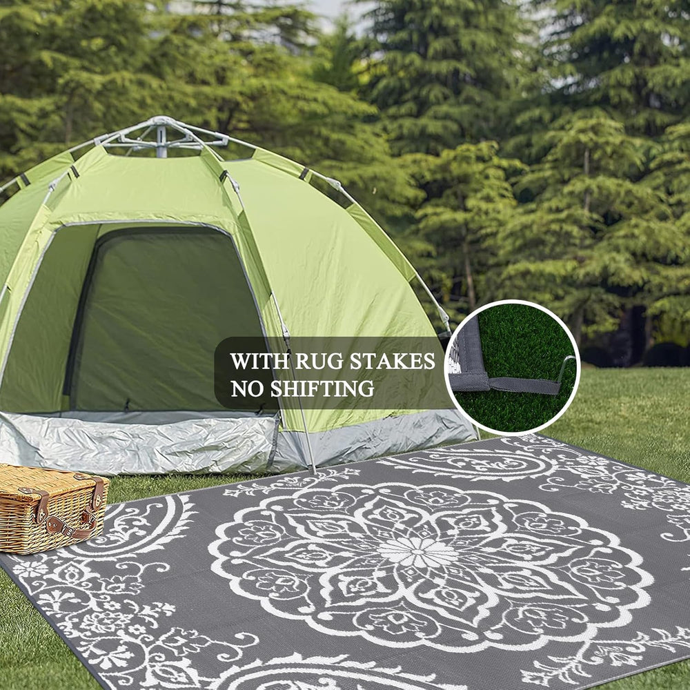 Pauwer Outdoor Rug 10x14, Waterproof Plastic Straw Camping Rug, Boho Grey