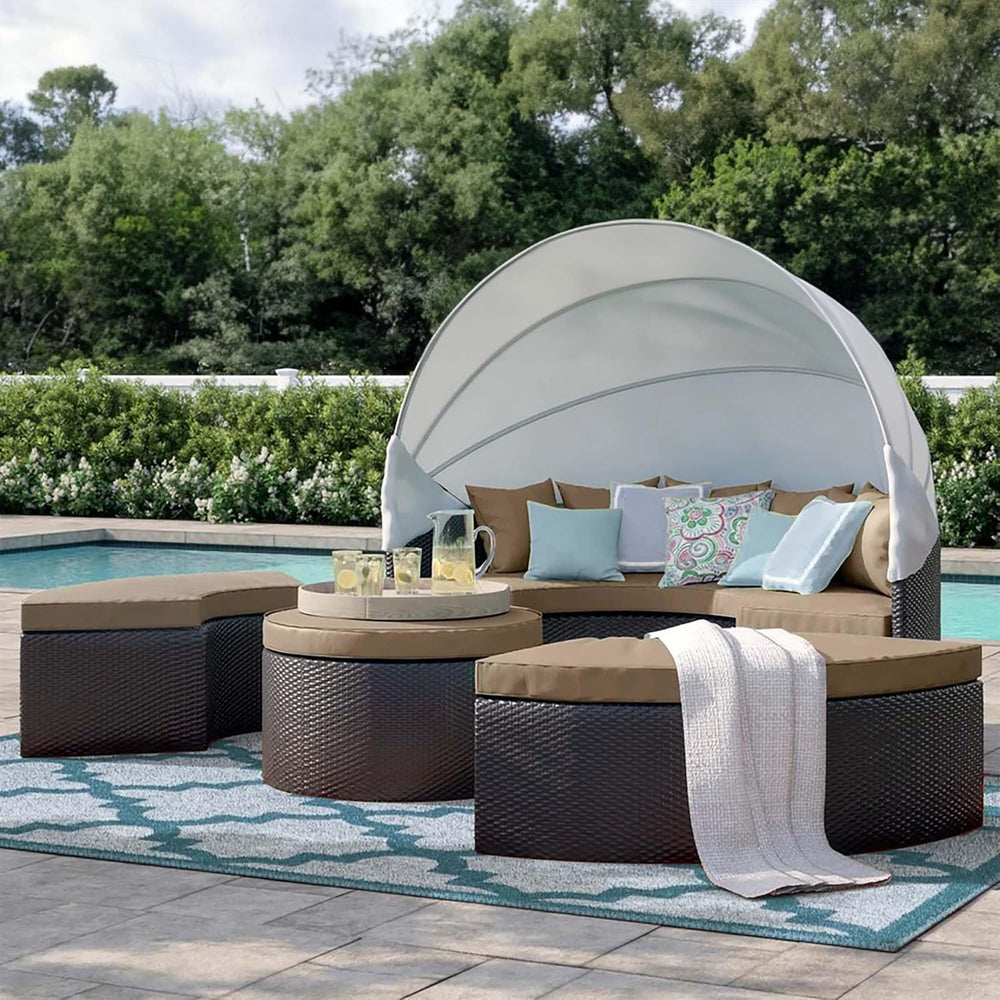 Modway Convene Wicker Rattan Outdoor Patio Retractable Canopy Round Poolside ...
