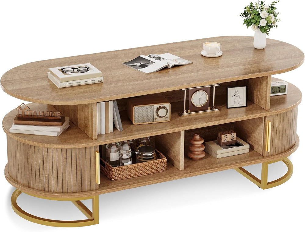 YITAHOME 47.2" Oval Coffee Table with Sliding Doors, Storage, Natural Oak