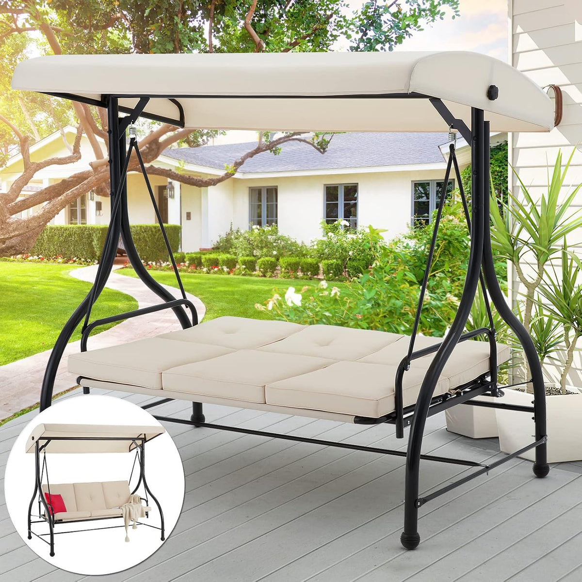 aecojoy 3-seat outdoor patio swing with canopy, converting, main product view