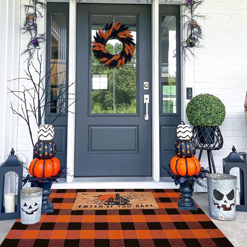Fall Outdoor Rug Orange Buffalo Plaid Outdoor Rug Cotton Hand-Woven Buffalo C...