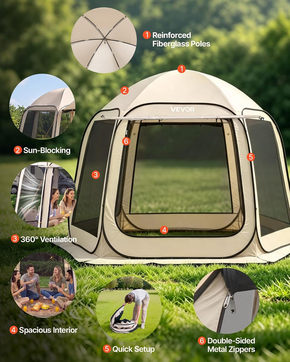 Pop Up Screen House Tent VEVOR 10 x 9.2 FT Pop-Up Screen Room with Awning, Po...