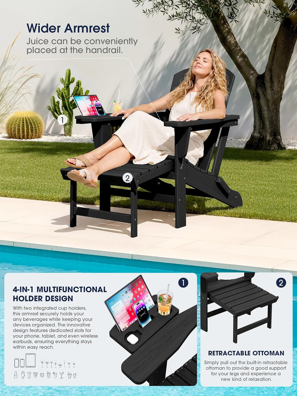 KINGYES Adjustable Folding Adirondack Chair with Footrest & 4-in-1 Multi-...