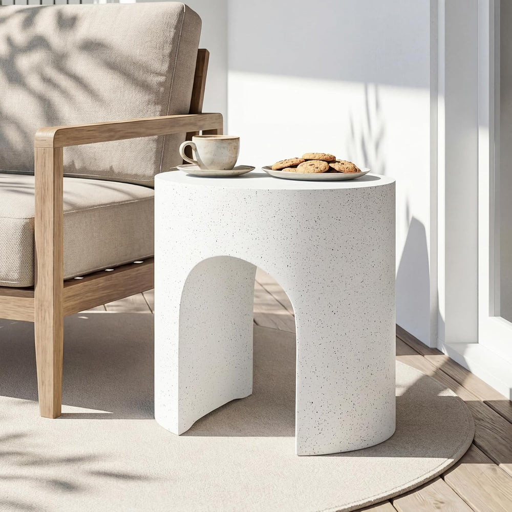 SUNBURY Outdoor Side Table, 16" W Concrete End Table Round w Arch Pedestal