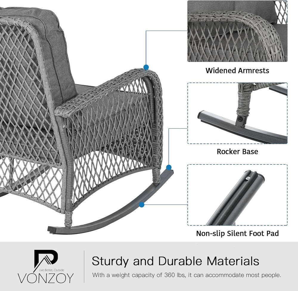 Patio Furniture Set 3 Pieces, Wicker Outdoor Rocking Bistro Set, Grey