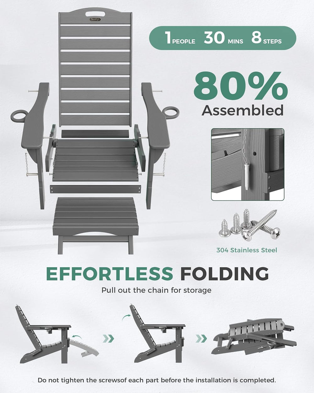 Adjustable Adirondack Chairs Set of 2 with Retractable Ottoman, HDPE Folding ...