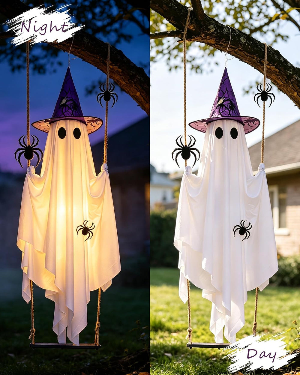 Swinging Ghost with 2PCS Hat & 12PCS Spider Halloween Decoration Outdoor