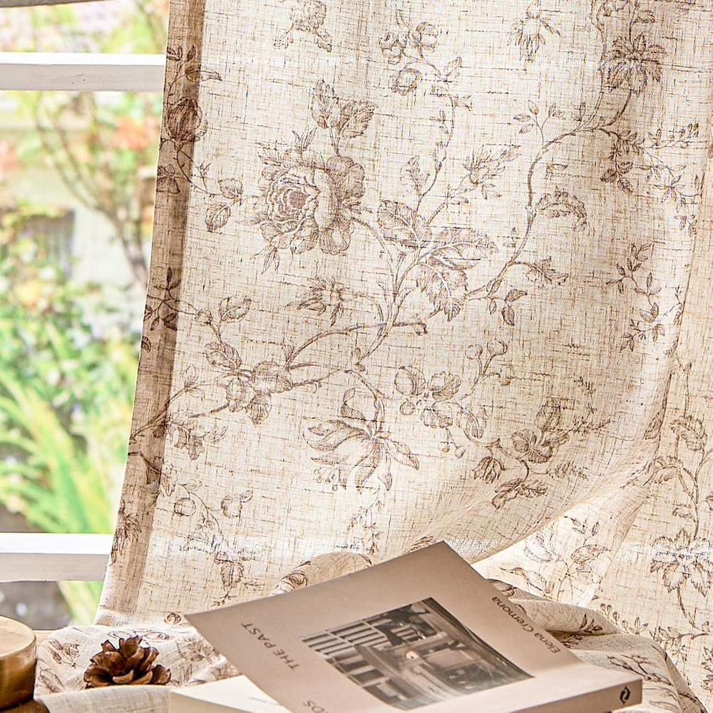 jinchan Linen Curtains 96 inch Taupe Floral Farmhouse Rod Pocket 2 Panels