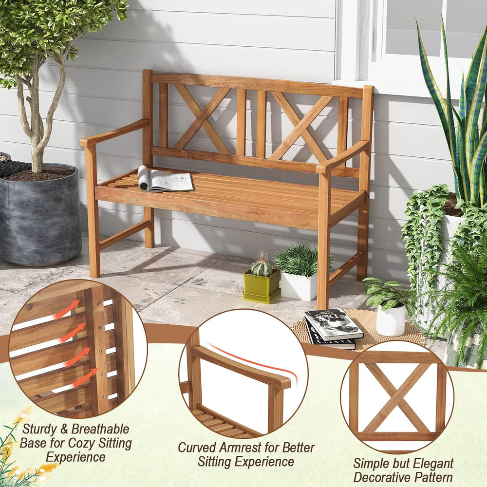 Giantex Patio Garden Bench Loveseat - 2-Person Acacia Wood Bench with Armrest...