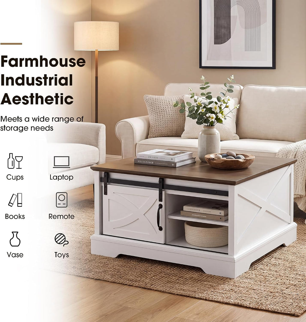 31.5" Farmhouse Coffee Table with Storage, Hinged Lift Top Coffee Table