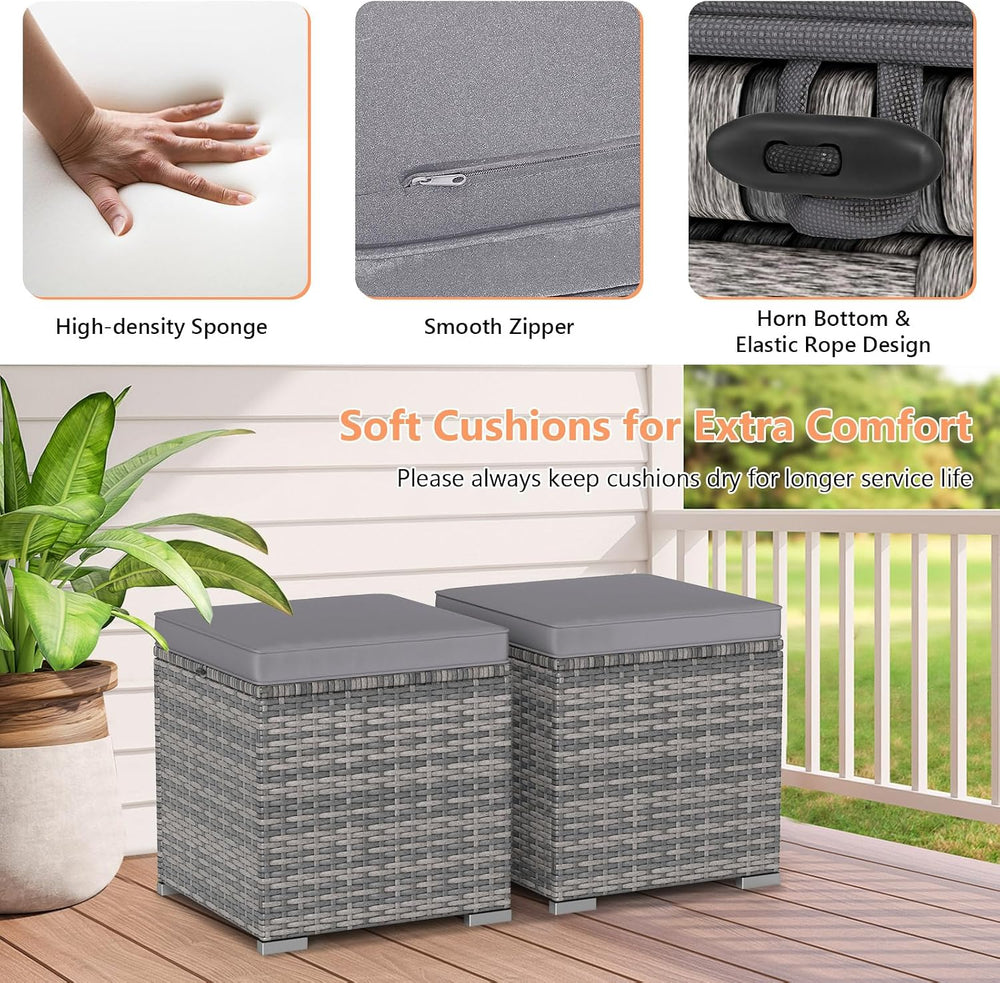 Tangkula 2 Pieces Patio Ottomans, Patiojoy Hand-Woven PE Rattan Side Table wi...