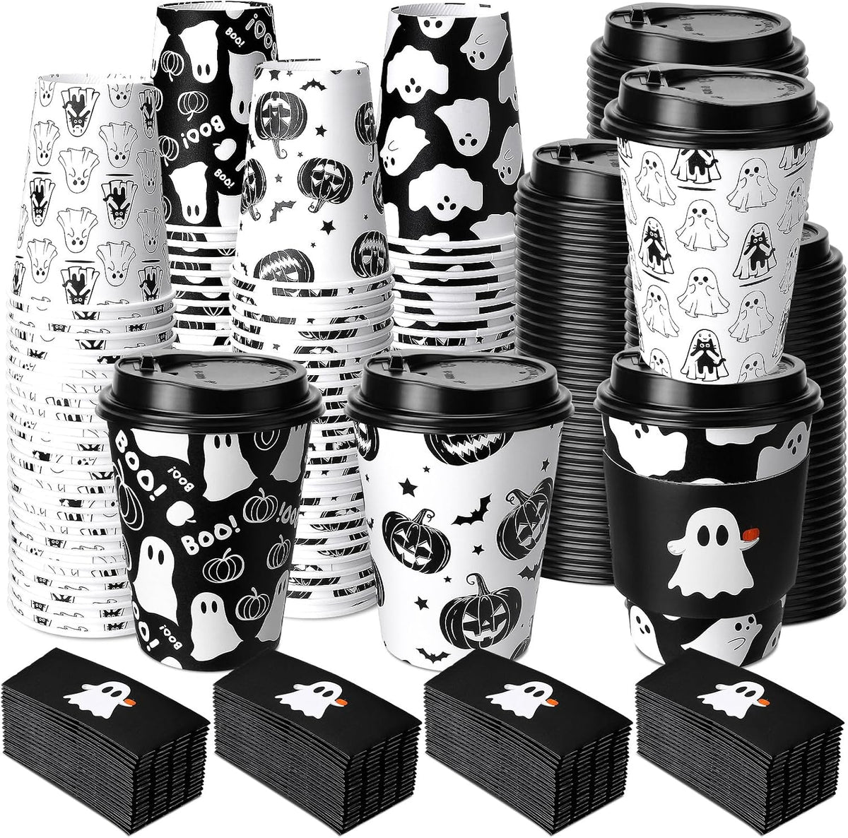 Suclain 100 Sets Halloween Disposable Coffee Cups with Lids & Sleeves, 12 oz Ghost Pumpkin Cat Pattern Paper Cups for Hot Cold Drinks Trick or Treat Party Supplies