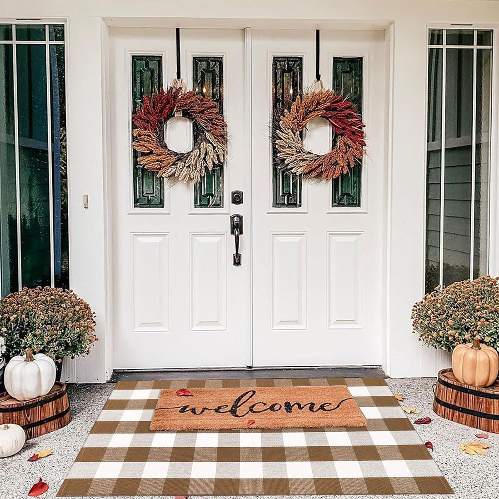 Fall Door Mat 3'x5'Brown and White Buffalo Plaid Rug Fall Front Porch...