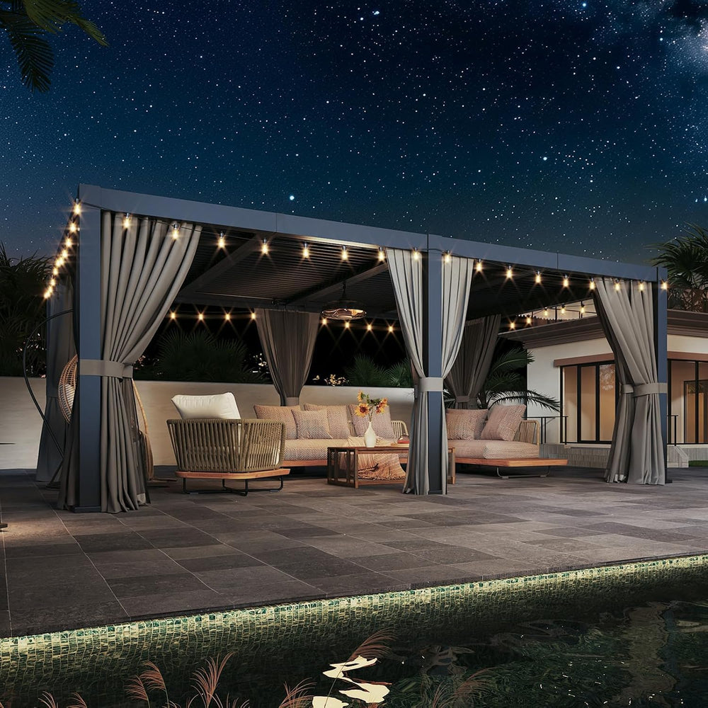 Aoxun Louvered Pergola 12x20 All-Aluminum, String Lights,Curtains & Netting