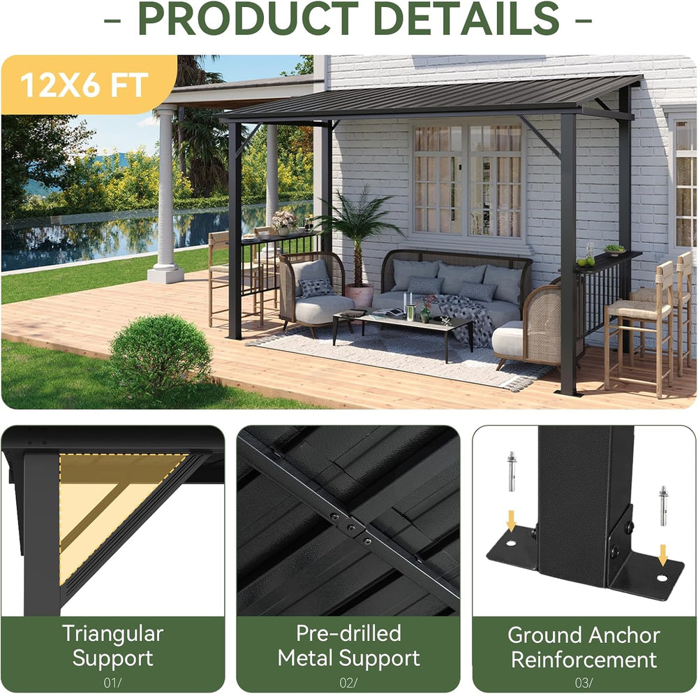 Aoxun 12x6FT Hardtop Gazebo, Grill Gazebo with Sloping Steel Roof, Black