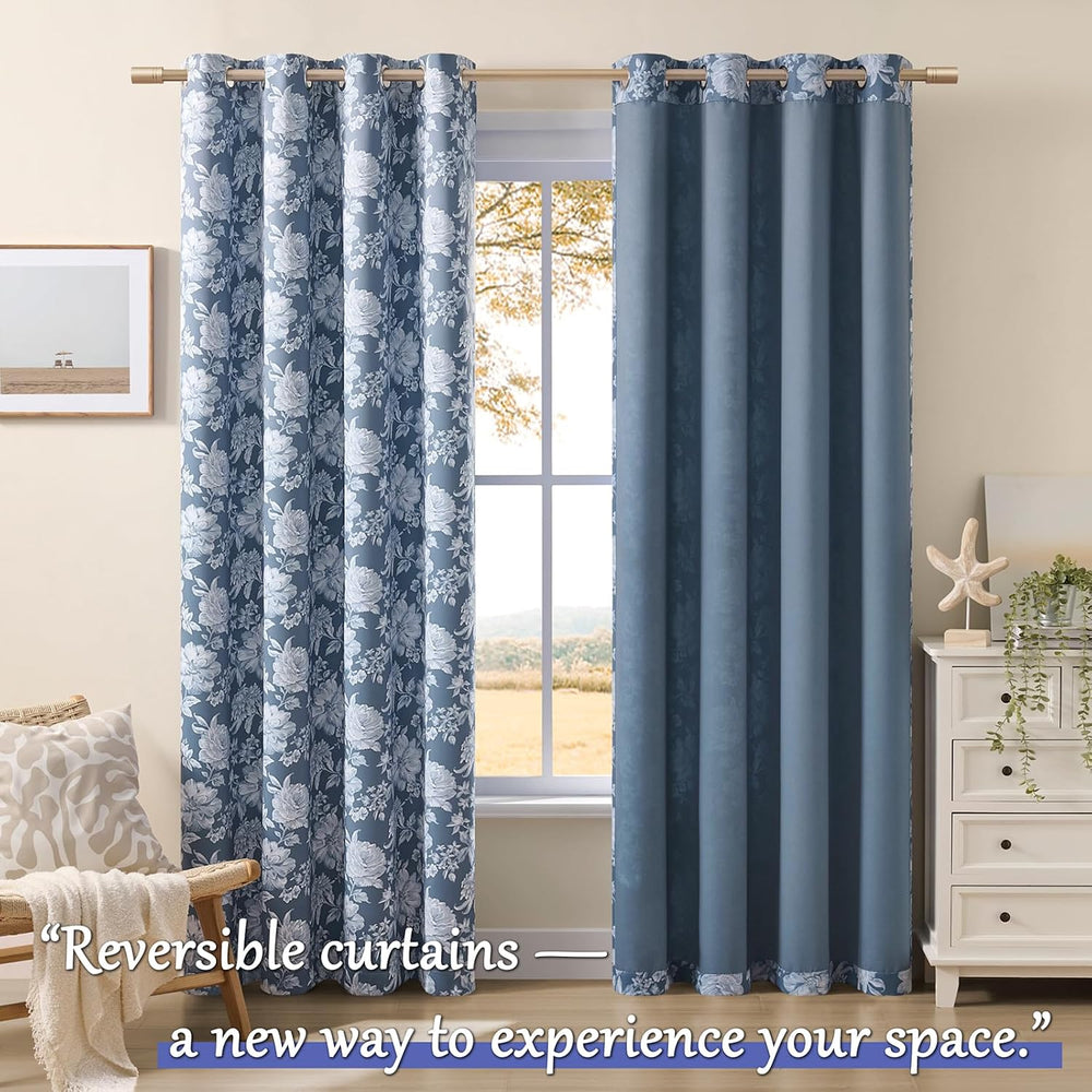 Blue Floral Curtains 96 Inches Long 2 Panels for Living Room Grommet Modern M...