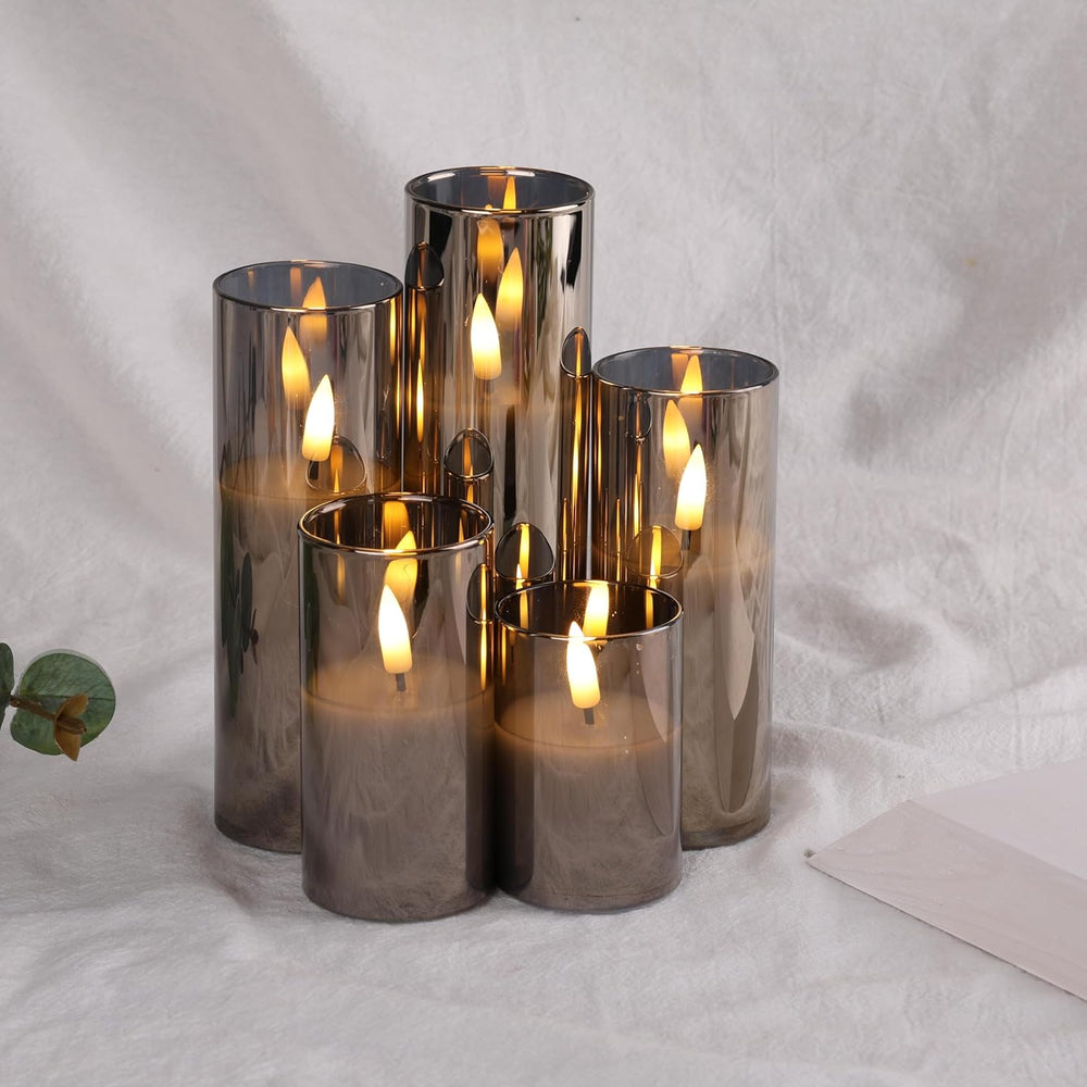 Eywamage Grey Glass Flameless Pillar Candles with Remote Batteries Set of 5