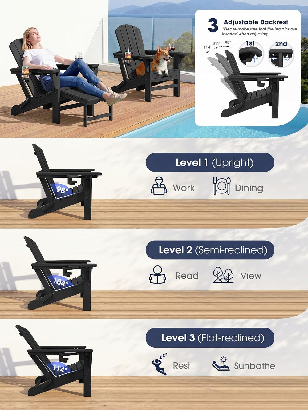 KINGYES Folding Adirondack Chair with Ottoman & Dual Cup Holders, Black