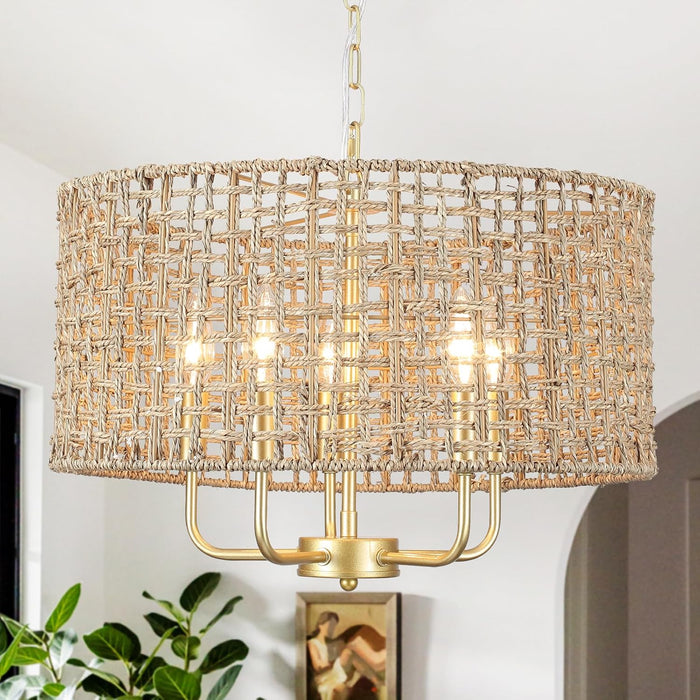Hand-Woven Rattan Chandelier for Dining Room 18.8''Farmhouse Boho Chandeliers Light Fixture 5-Lights Gold Rattan Drum Chandeliers for Living Room Bedroom Hallway Kitchen