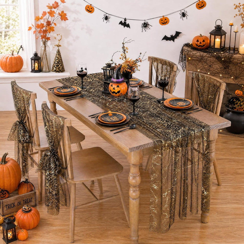Halloween Black Table Runner Gold Party Decorations 10ft 3pcs Gauze Tulle
