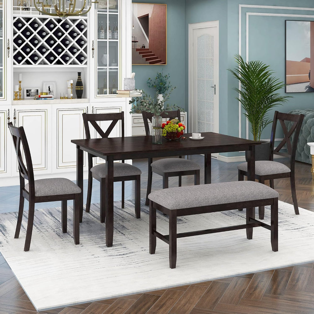 Merax 6 Piece Rustic Farmhouse Dining Table Set with Bench, Solid Wood Rectan...