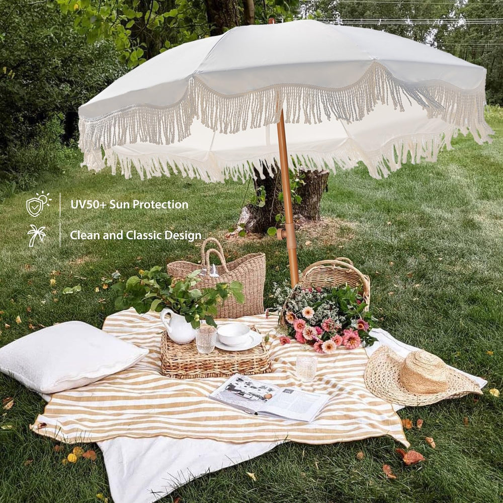 AMMSUN Boho Fringe Umbrella, 6.5ft Outdoor Umbrella with Tassel