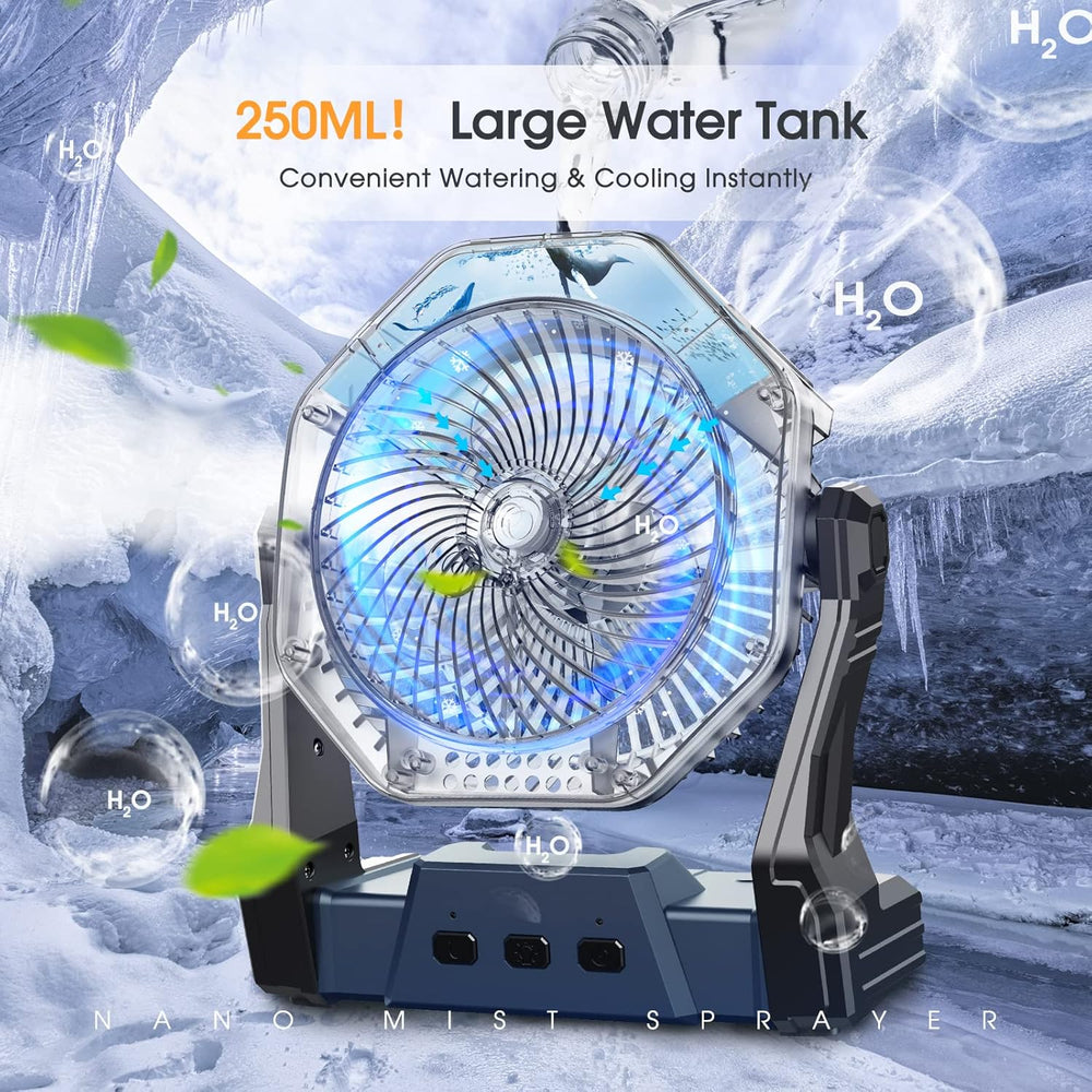 Ausic Portable Misting Fan, Outdoor Rechargeable Fan, LED Light, Hook, 35H