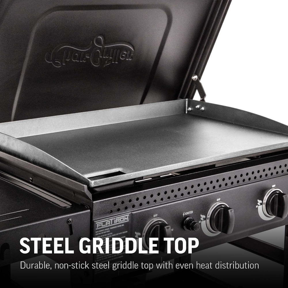 Char-Griller® Flat Iron 3-Burner Propane Gas Flat-Top Griddle with Steel Grid...