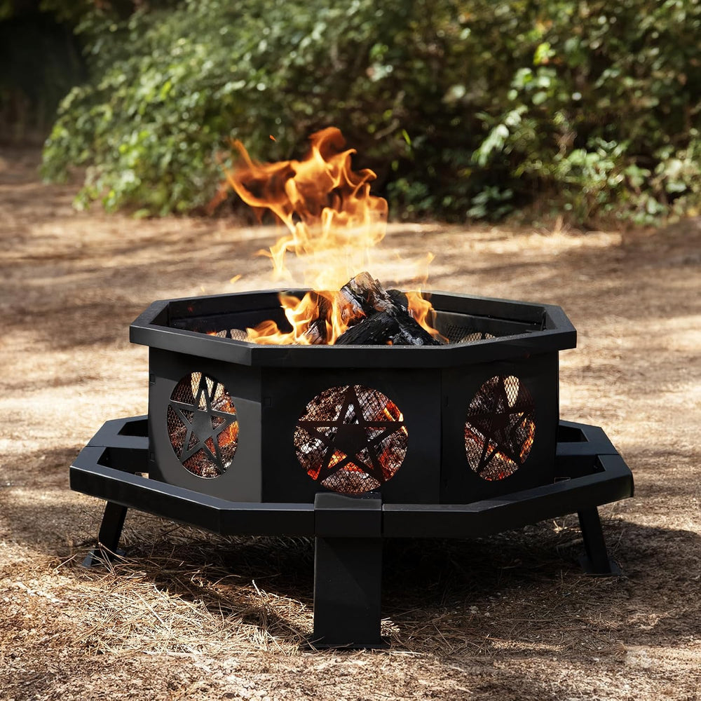 Verdelxue 35 Inch Octagonal Fire Pit with Cooking Grill Wood Burning Black