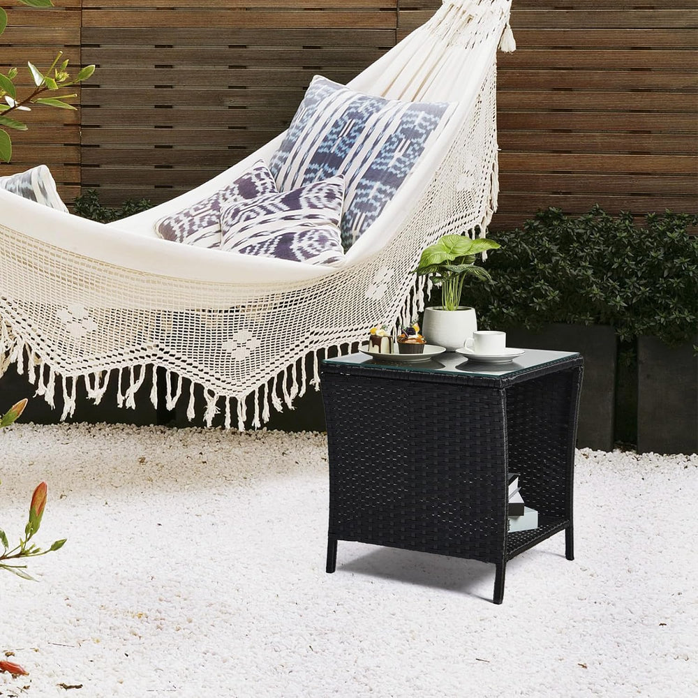 VINGLI Outdoor Wicker Side Table Patio Side Tables for Outside, Tempered Glas...