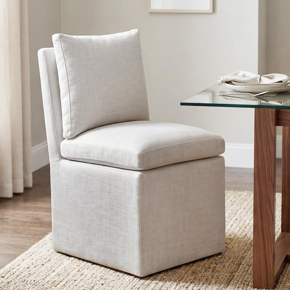 DUHOME Upholstered Armless Dining Chair with Casters,Linen Accent Chair for L...