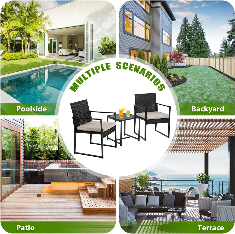 PayLessHere | 3-Piece Outdoor Patio Furniture Set | Khaki | Modern Rattan Bis...