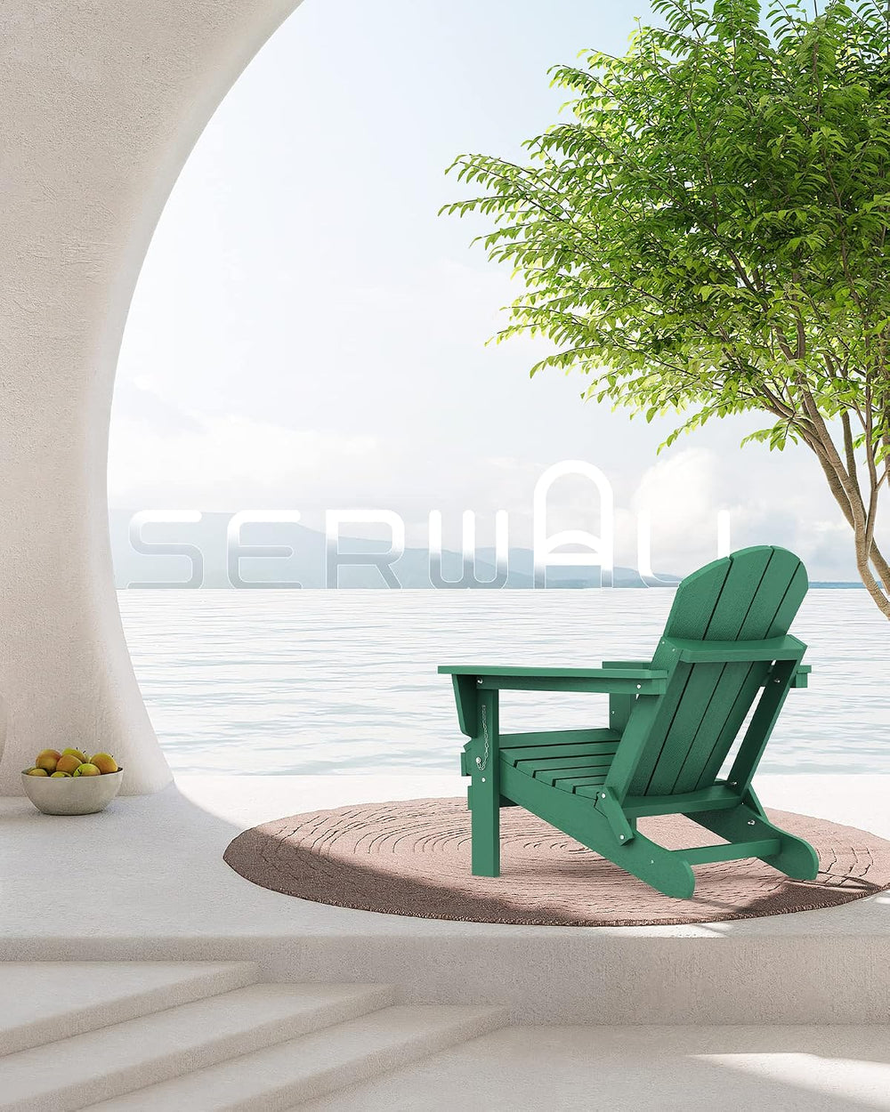 SERWALL Folding Adirondack Chairs Set of 4 with Cup Holder, Fire Pit -Green