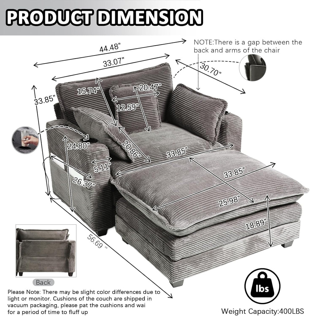 Gexpusm Oversized Chaise Lounge Chair Indoor with Ottoman (Grey)