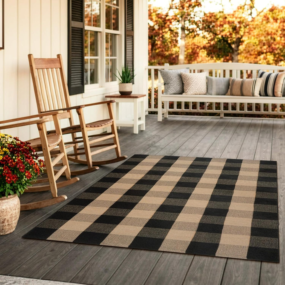 Uphome Bufflo Plaid Outdoor Rug 3'x5', Black Natural Checkered Front ...