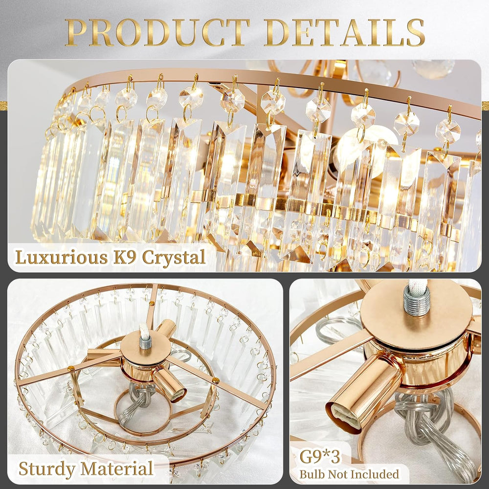 3-Light Gold Crystal Chandelier,Modern 3 Tier Semi Flush Mount Chandelier wit...