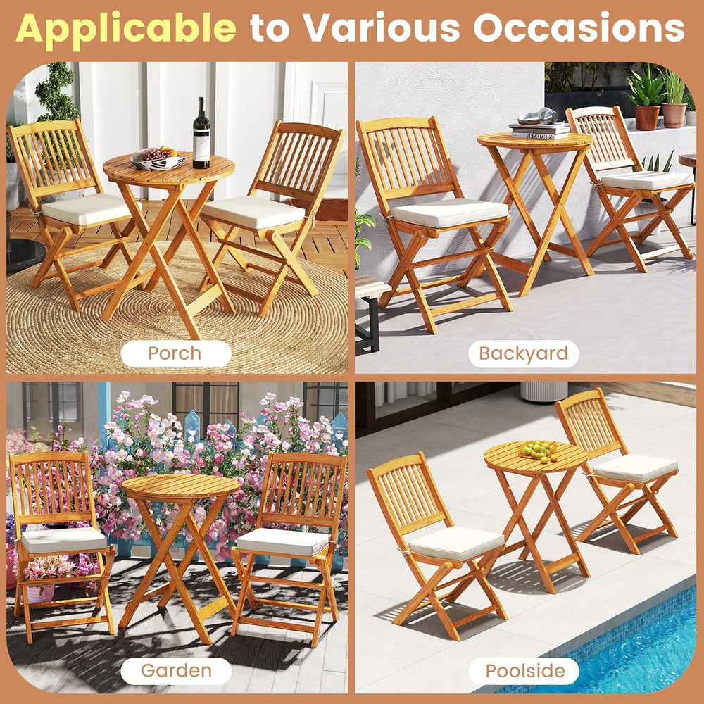 GIANTEX Patio Bistro Set 3 Pieces, Outdoor Acacia Wood Folding Table & Ch...