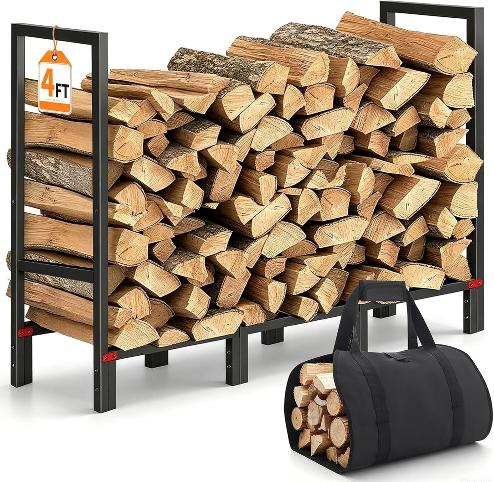 4FT Firewood Rack Indoor Outdoor with Log Carrier, Firewood Log Rack Holder w...