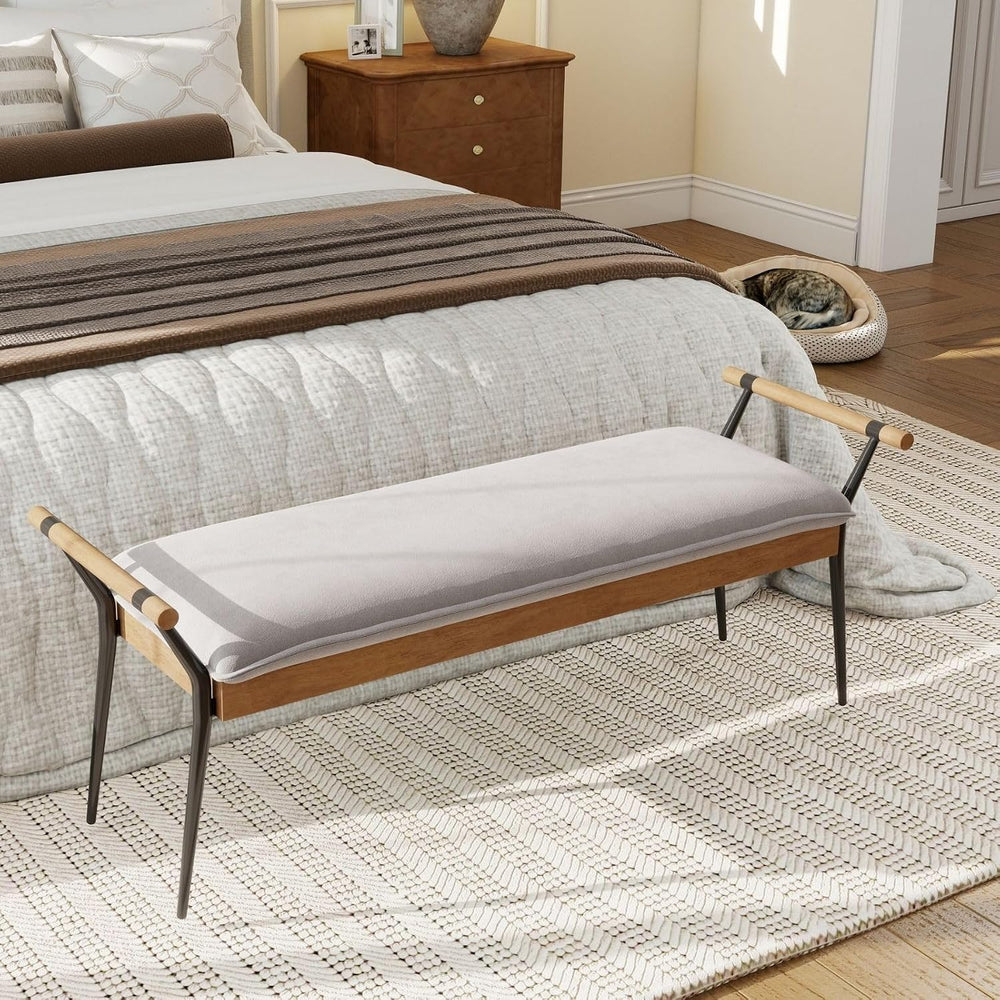 LukeAlon Modern Chenille Ottoman Bench with Arms & Metal Legs, Grey