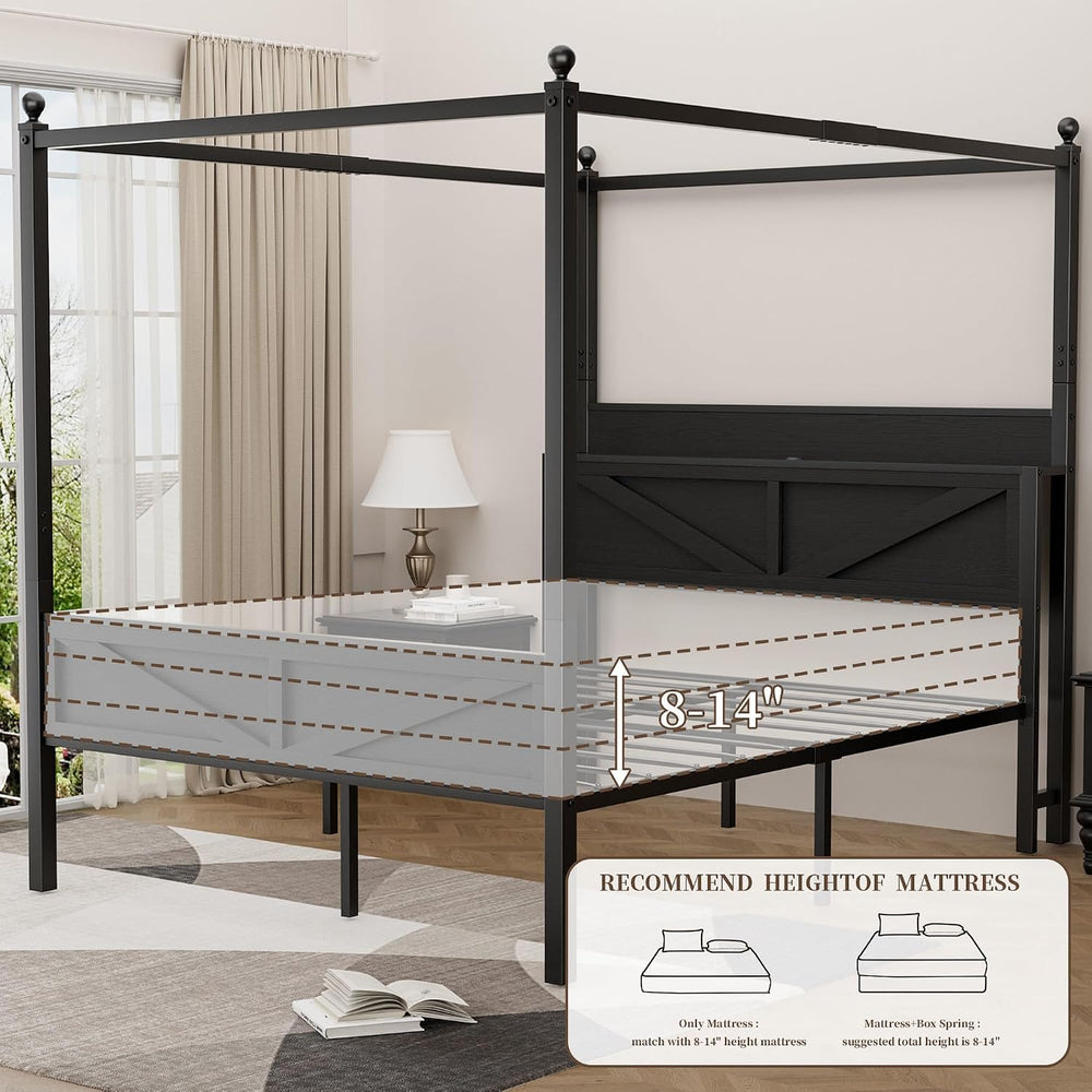Canopy Bed Frame Queen Size with Barn Storage Headboard, Black‌