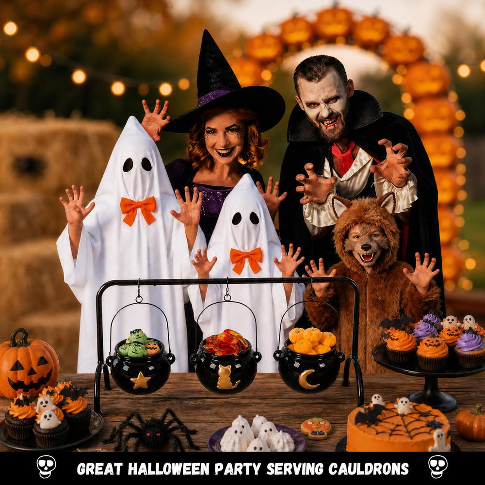 Halloween Decorations 3 Ceramic Witches Cauldron Candy Serving Bowl on Rack, ...