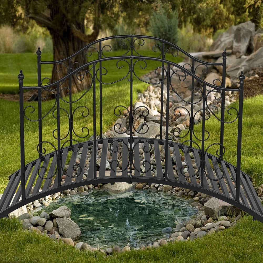 VINGLI Garden Bridge Metal Yard Arch Path Bridge with Patterned Guardrails, O...