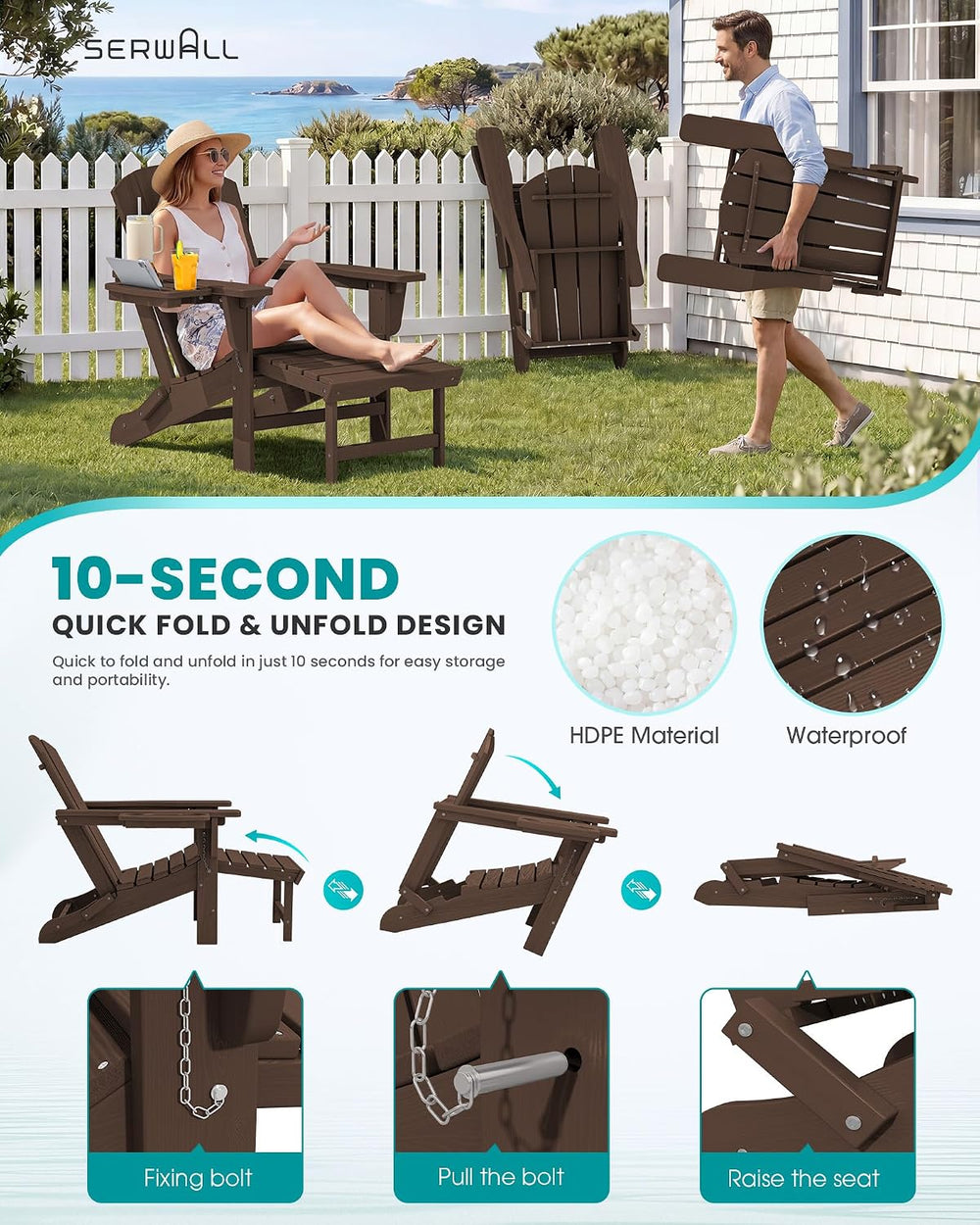 SERWALL Folding Adjustable Adirondack Chair with Footrest, HDPE Outdoor Chair...