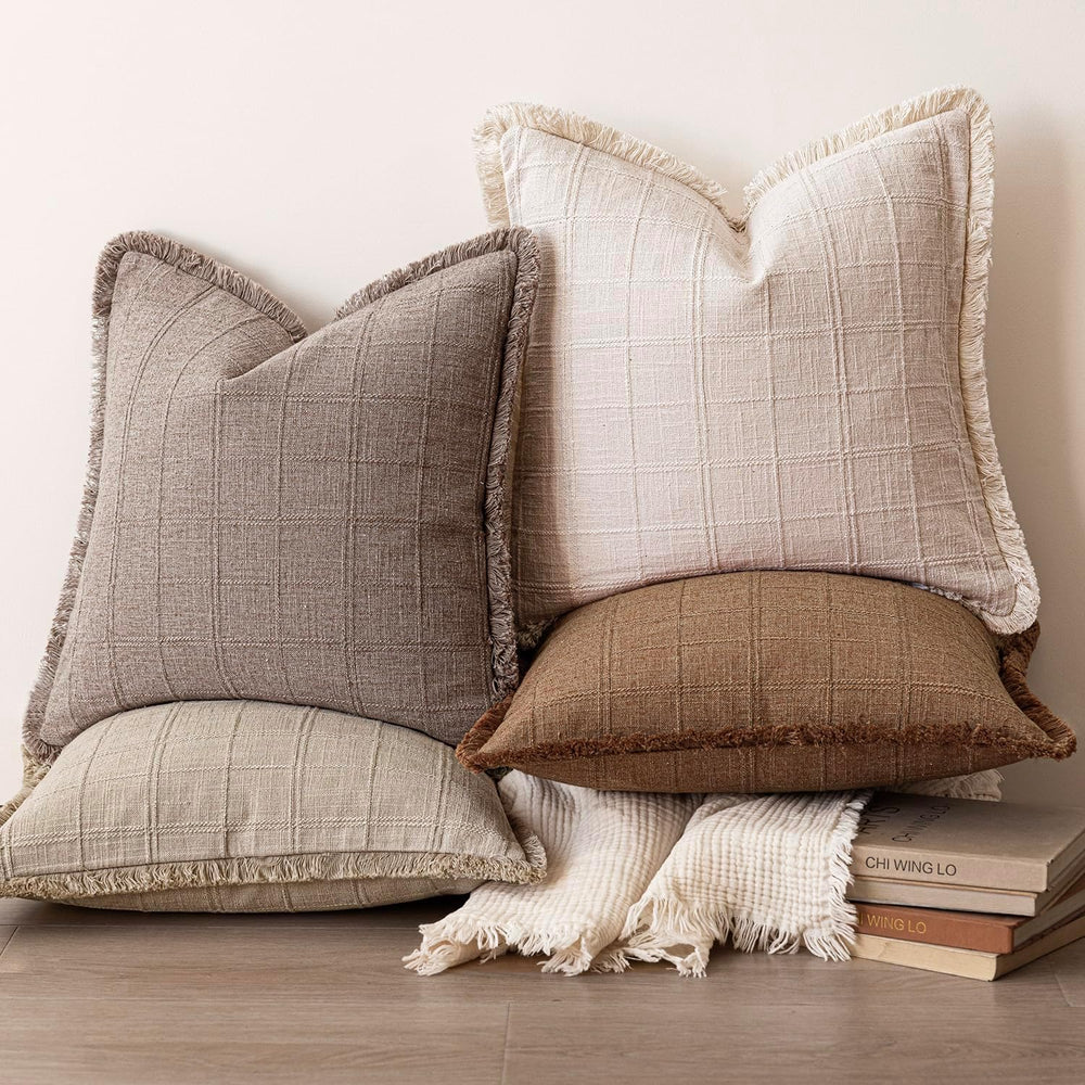 Foindtower Set of 2 Decorative Linen Check Fringe Throw Pillow Covers Farmhou...