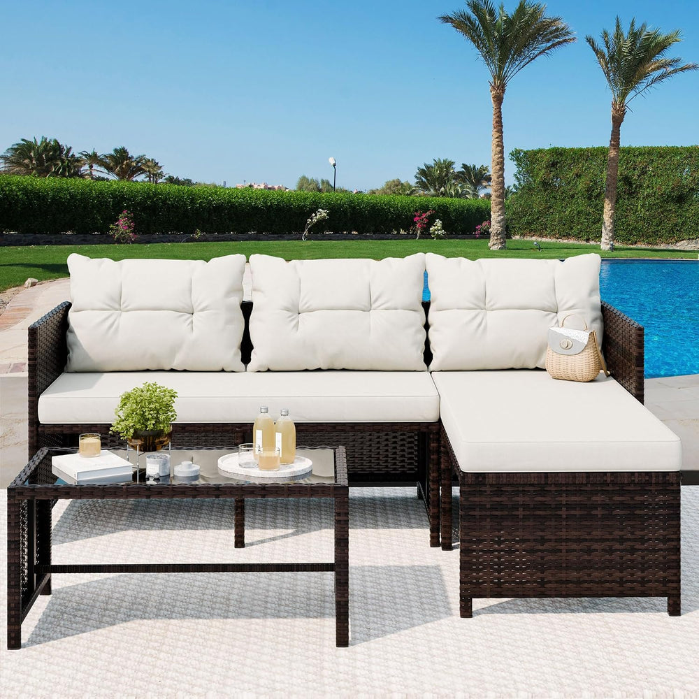 Vongrasig 3 Piece Patio Furniture Sets, All-Weather PE Wicker Outdoor Sofa Co...