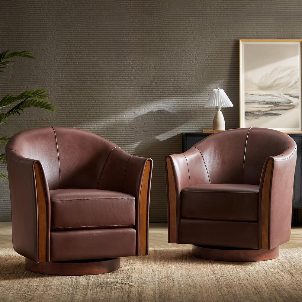 HULALA HOME Leather Swivel Accent Chairs with Wood Base Set of 2, Brown
